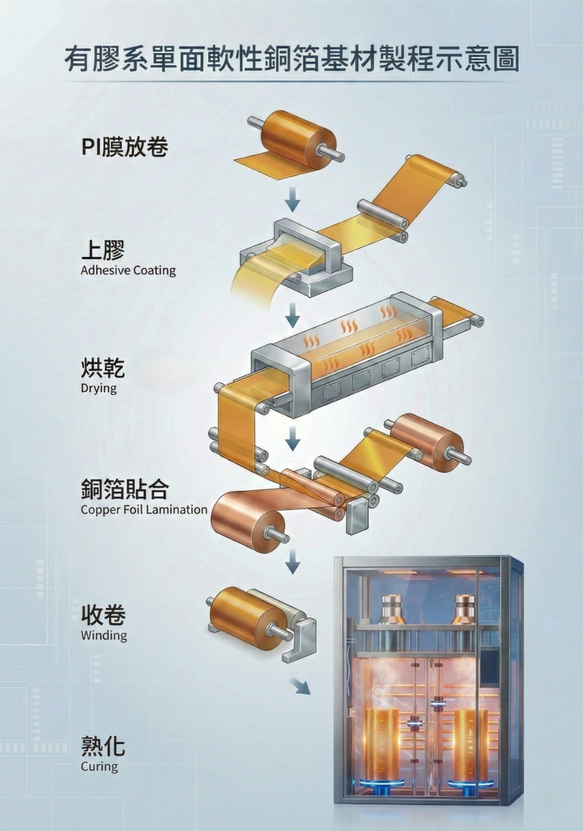 有膠系單面軟性銅箔基材 - 通過 UL 94 V-0 阻燃認證 兼具優異尺寸安定性、卓越可撓性與穩定電氣特性